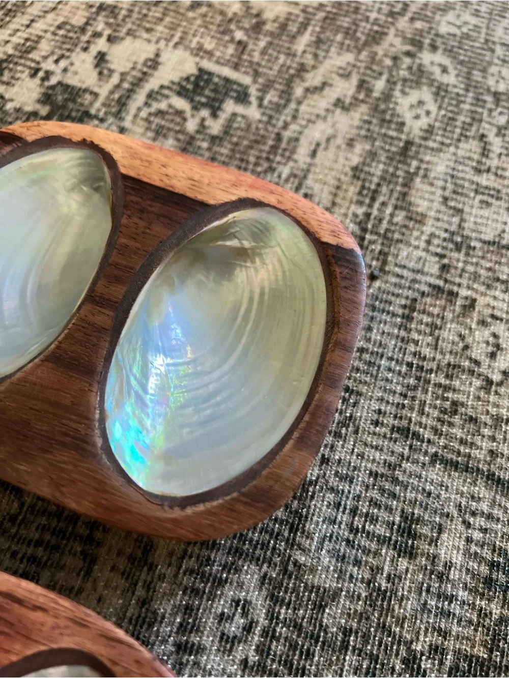 2 Vintage Mid-Century Monkey Pod Wood Double Salt Cellars Mother of Pearl Inlay